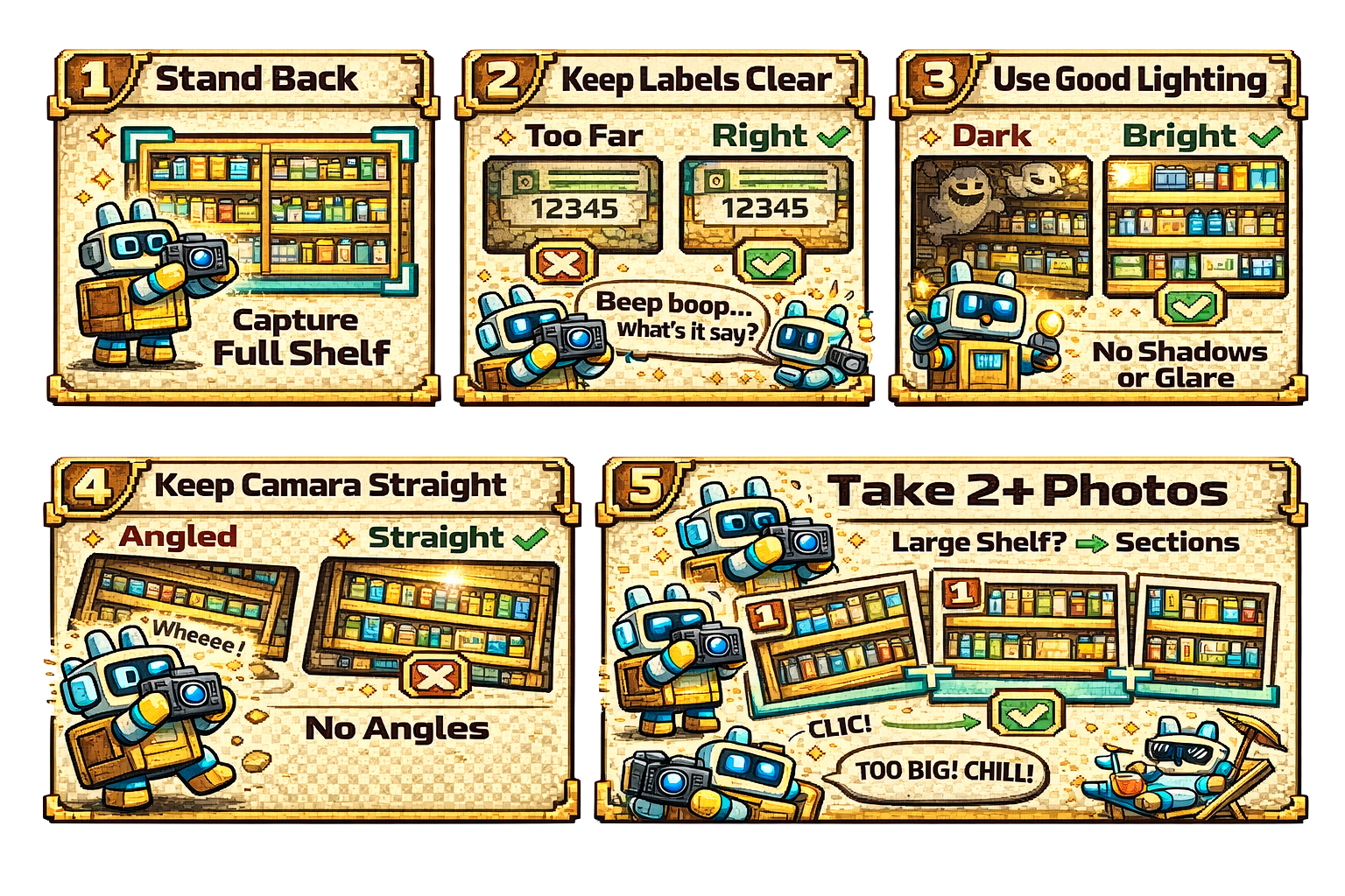 Five tips for photographing shelves: stand back to capture the full shelf, keep labels clear and readable, use good lighting with no shadows or glare, keep the camera straight with no angles, and take two or more photos for large shelves.